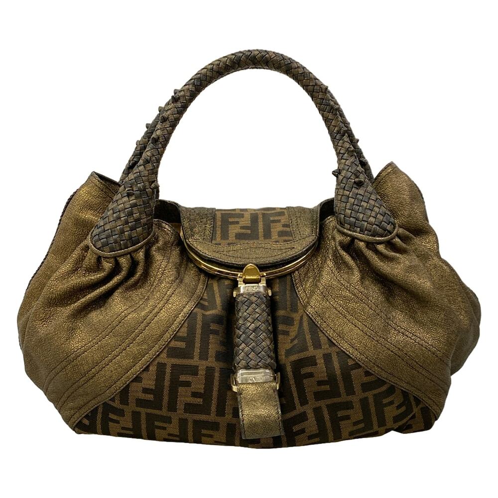 Fendi Spy Bag/Zucca Handbag 8BR511 Gold Beige Black Leather Jacquard